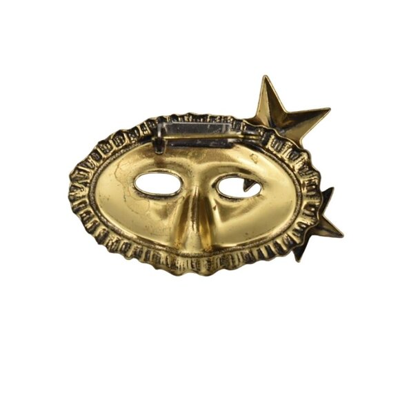 Vintage Masquerade Mask Brooch Pin Gold Tone Metal 2 in - Picture 2 of 3